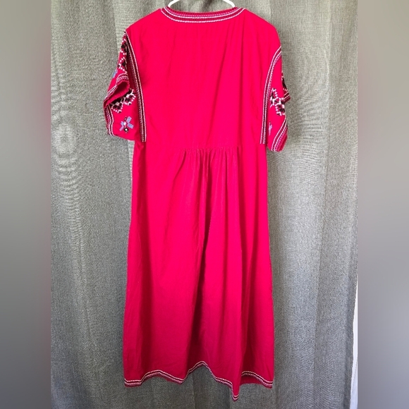 Zara Red Embroidered Poplin Tunic Midi Dress V Neck Short Sleeve XS Oversized - Picture 4 of 5